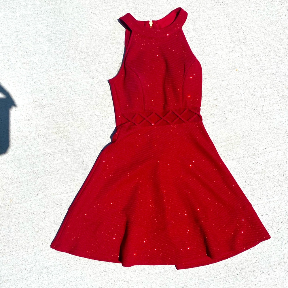 Sparkly red dress with sheer criss cross waistband